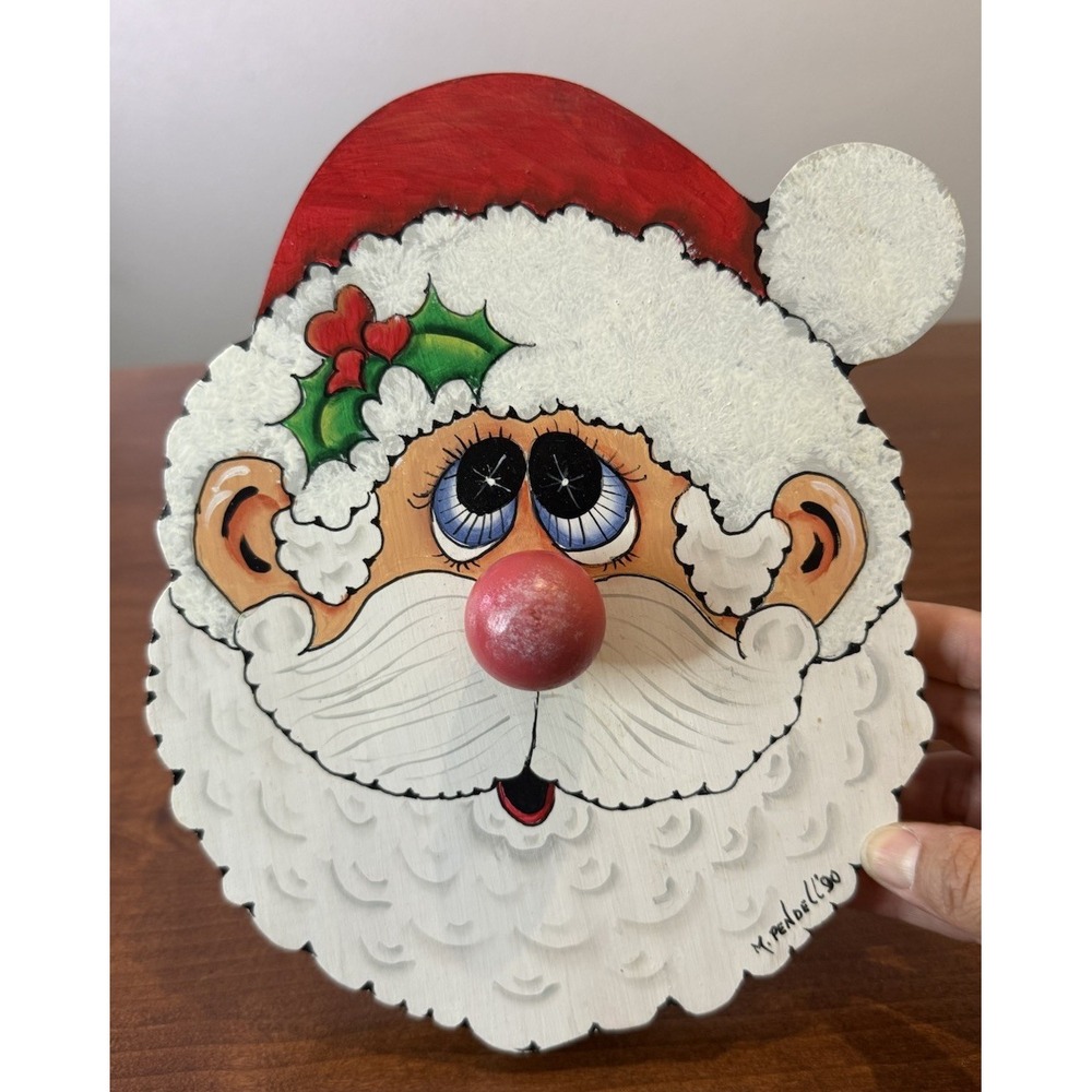 Vintage 90s HAND PAINTED Christmas SANTA CLAUS Wooden Wall Decor Music Box 9.5"